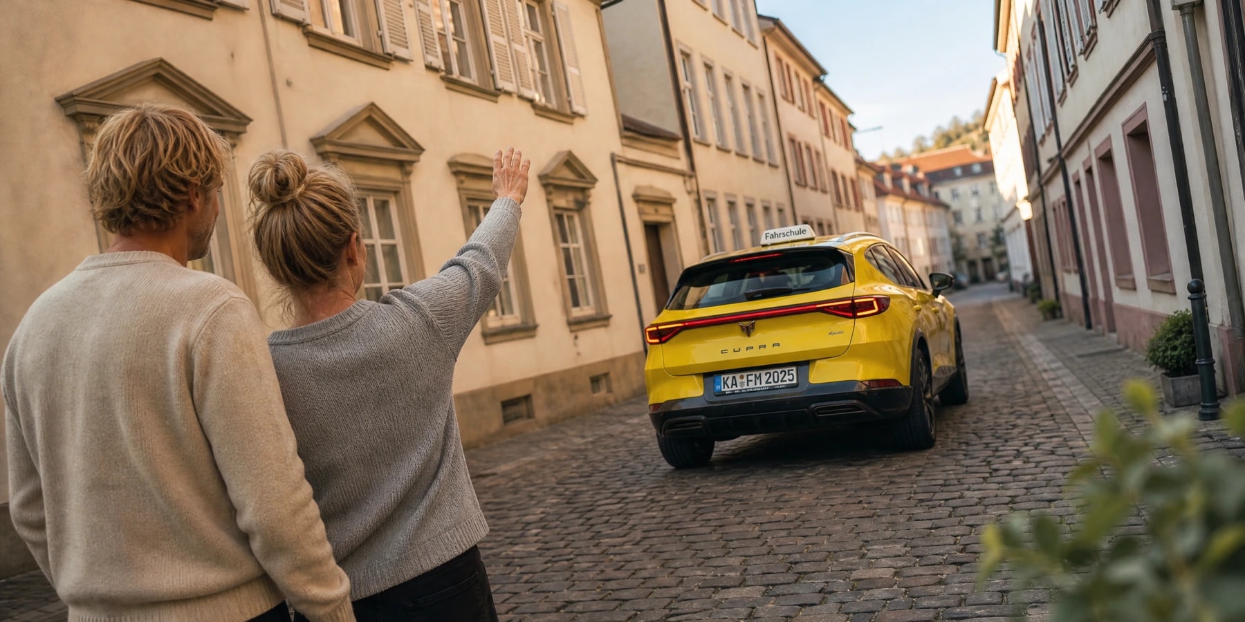 Eltern verabschieden ihr Kind zur begleiteten Fahrstunde