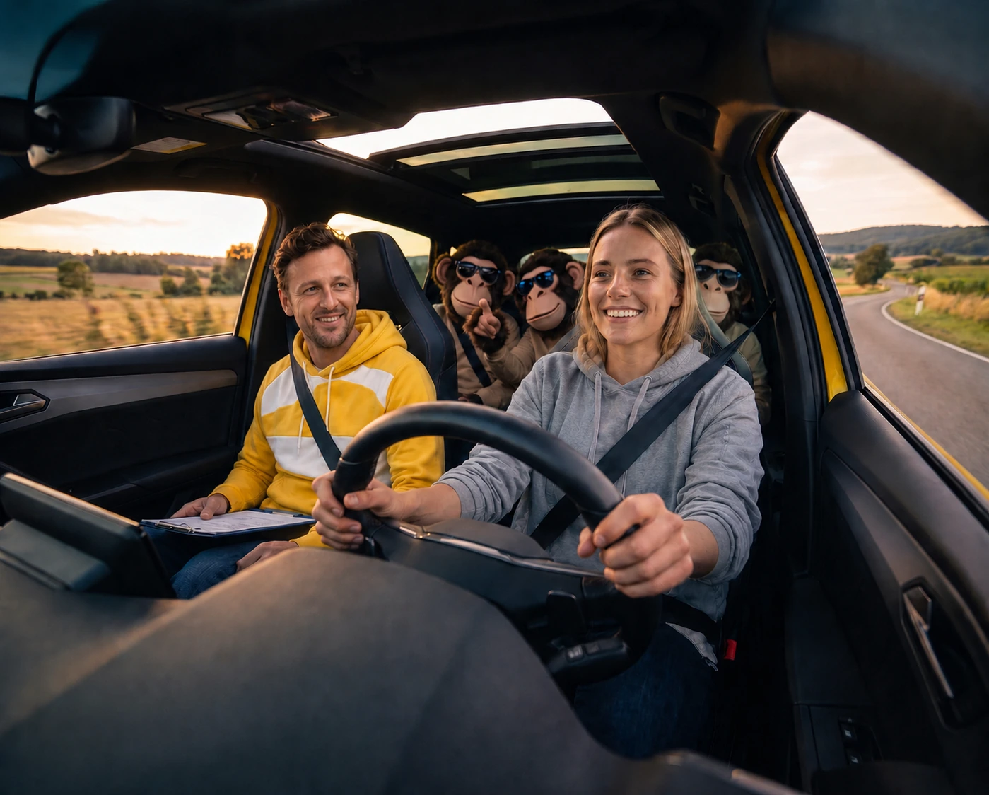 Fahrlehrer, Fahrschülerin und Street-Monkeys-Crew im Auto