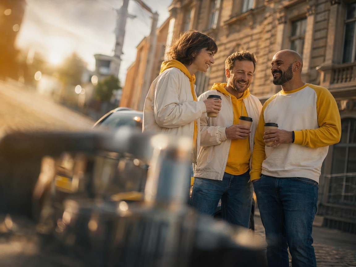 Street-Monkeys-Crew mit Coffee-to-go in der Stadt