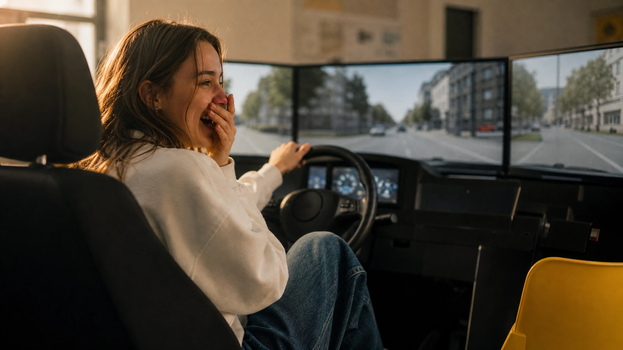 Fahrschülerin lacht am Fahrsimulator mit Straßen-Szene auf den Screens
