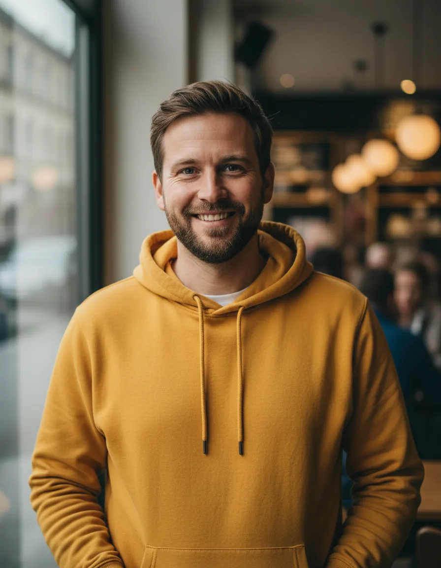 Norman in einem gelben Street-Monkeys-Hoodie