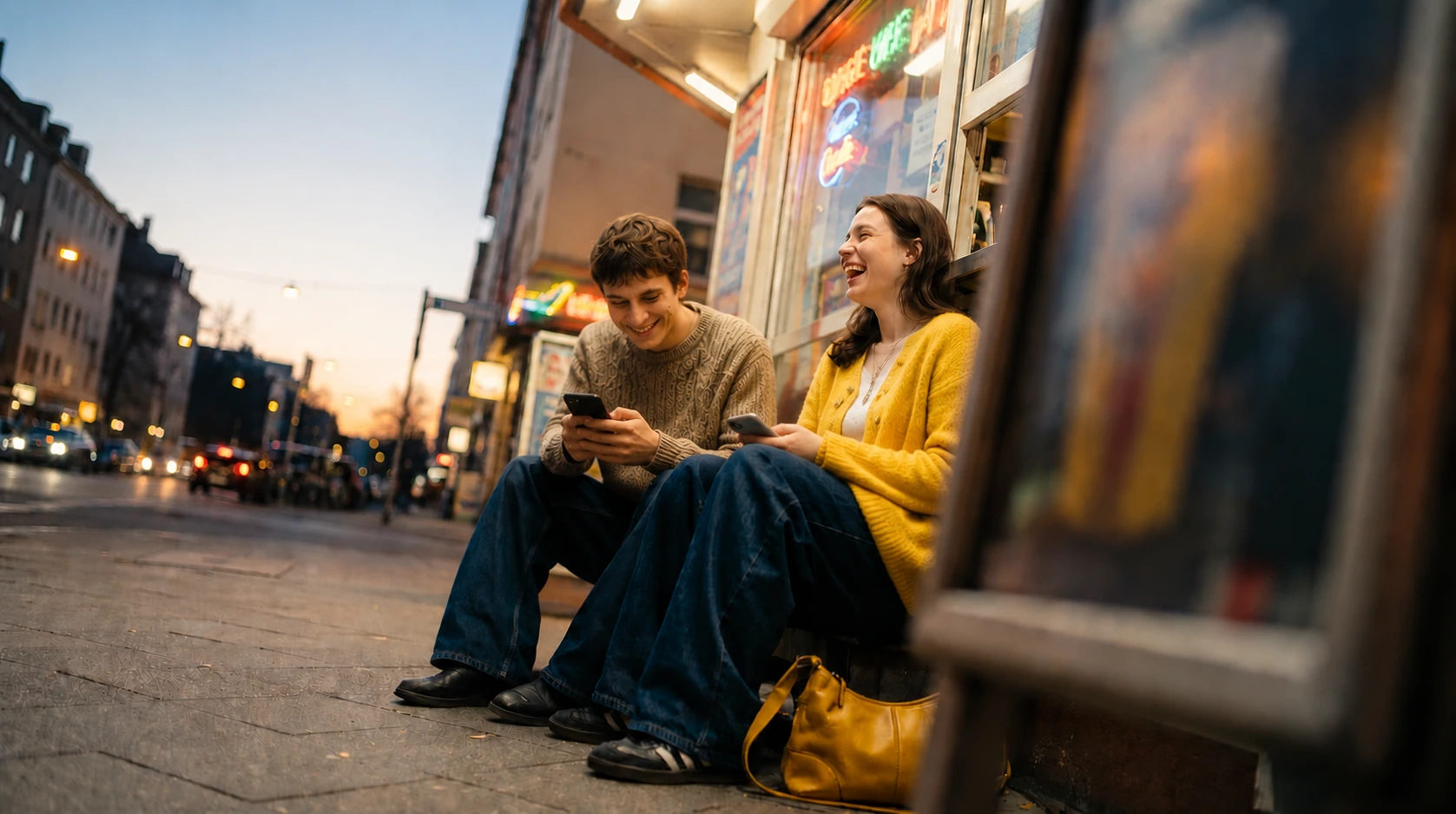 Zwei Freunde sitzen abends draußen und schauen gemeinsam aufs Handy